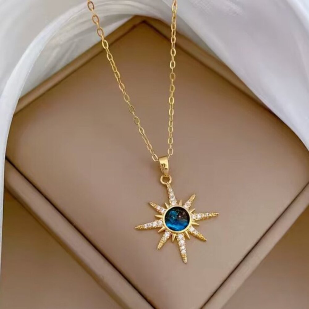 New 14K Gold filled Sapphire Moon Burst Necklace Nwot